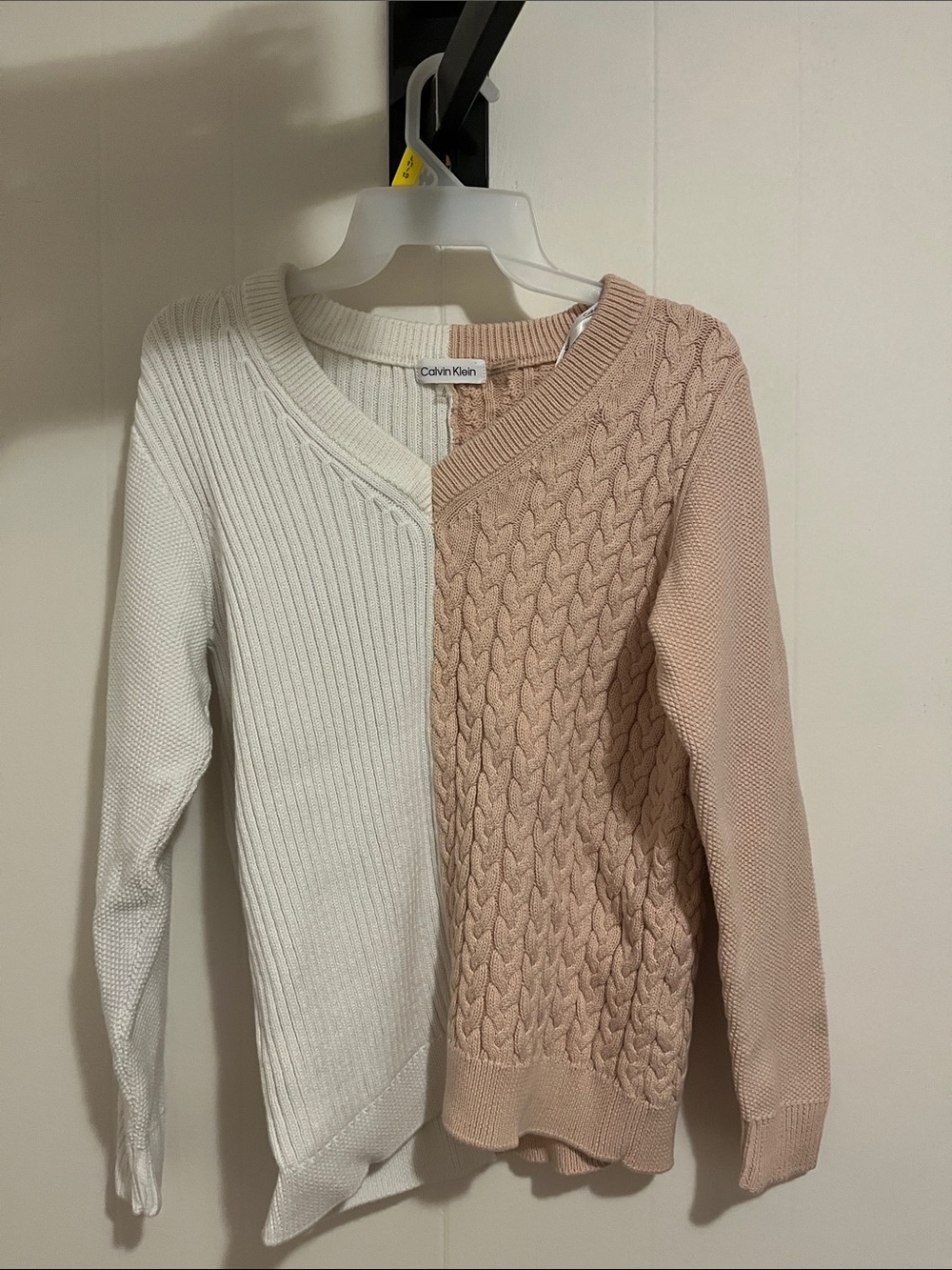 Calvin Klein Two-Tone Cable & Rib Knit Sweater — Cream & Blush